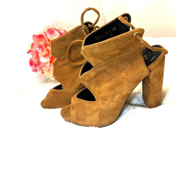 Tan Brown Suede Open Toe Tie Up Heels Size 7.5 - Picture 7 of 11